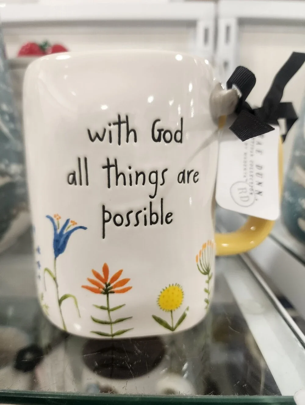 Rae Dunn Inspirational Floral Ceramic Mug - White with Yellow Handle